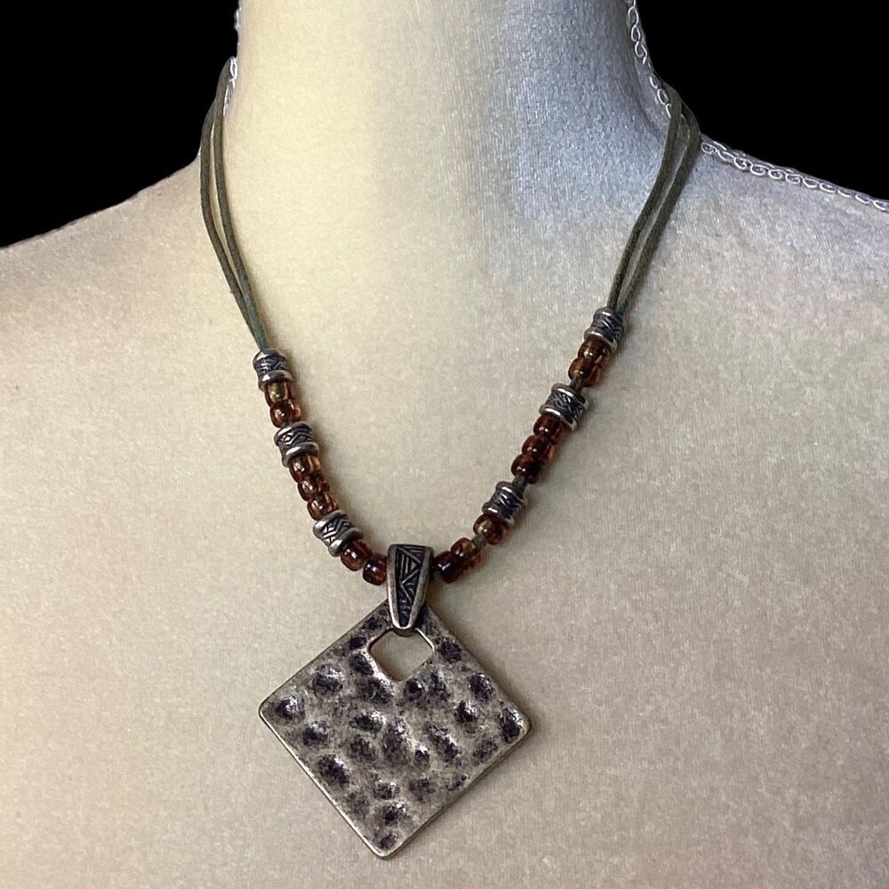 Vintage Premier Designs Pendant Necklace Olive Green Cord Amber Color Beads 17in